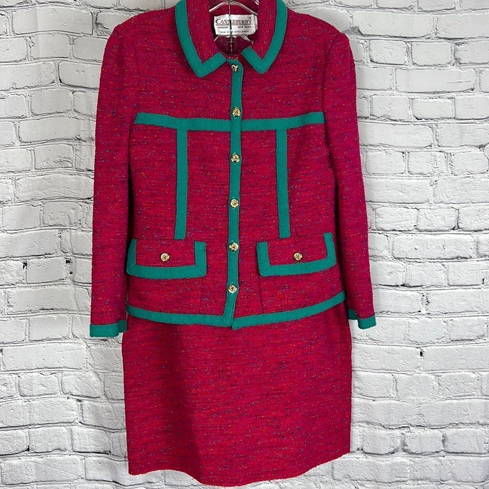 2-pc vintage Castleberry suit tweed dark pink teal trim size 8